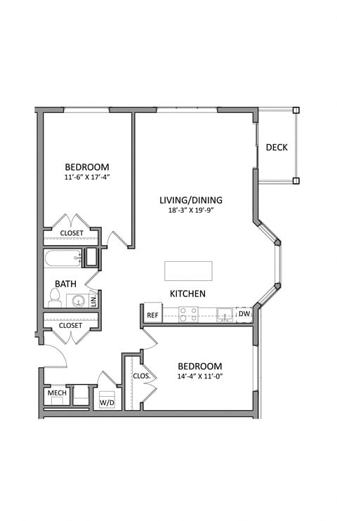 Floor plan for 2 beds, 1 bath, 1087 sqft